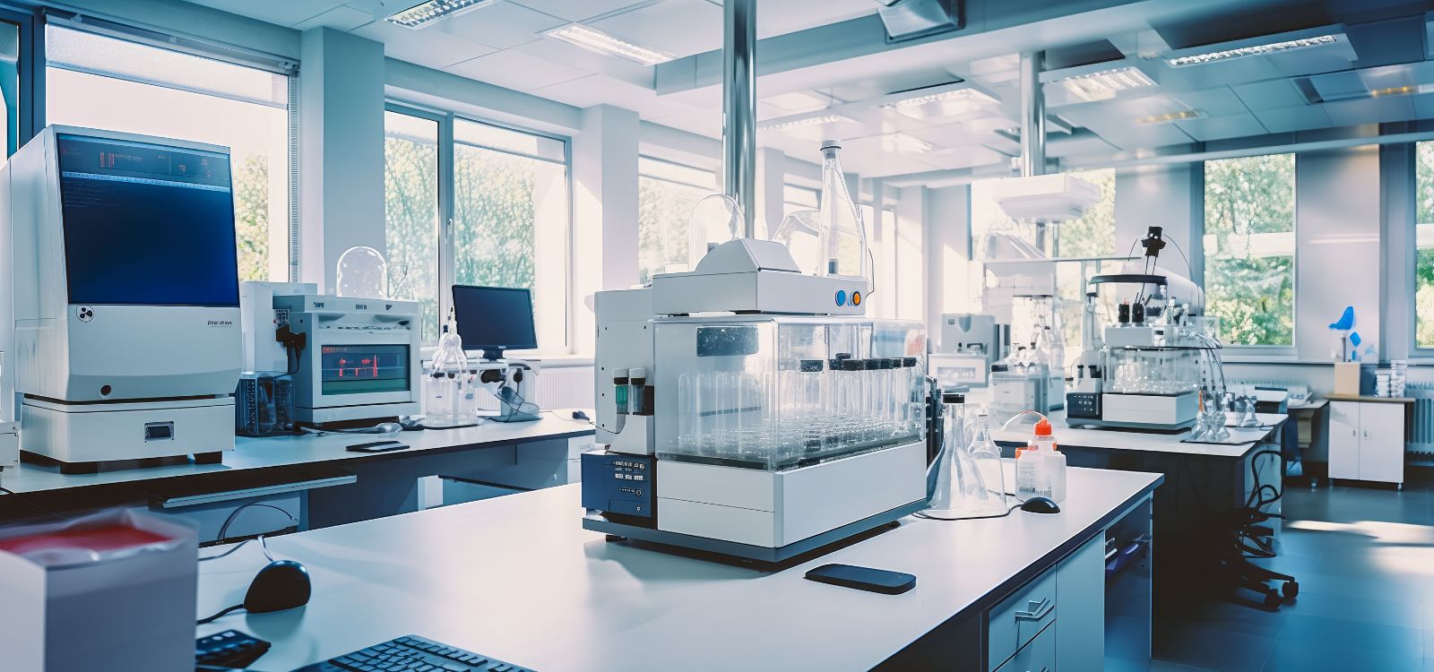 The inside of a laboratory with various pieces of scientific equipment in view.